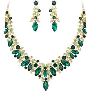 imageBriLove Gorgeous Wedding Jewelry Set for Women Stunning Shiny Rhinestone Crystal Marquise Leaf Cluster Statement Necklace Dangle Drop Earrings for Wedding Party Prom AccessoriesEmerald Color GoldTone