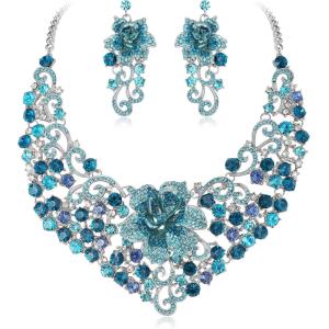 imageBriLove Shiny Bling Rhinestones Butterfly Statement Necklace Dangle Drop Earrings Jewelry Set for Women Summer Holiday Costume Prom AccessoriesBlue Topaz SilverTone