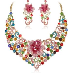 imageBriLove Shiny Bling Rhinestones Butterfly Statement Necklace Dangle Drop Earrings Jewelry Set for Women Summer Holiday Costume Prom AccessoriesColorful GoldTone