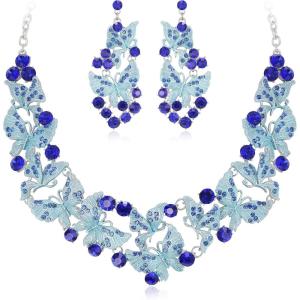 imageBriLove Shiny Bling Rhinestones Butterfly Statement Necklace Dangle Drop Earrings Jewelry Set for Women Summer Holiday Costume Prom AccessoriesNavy Blue GoldTone