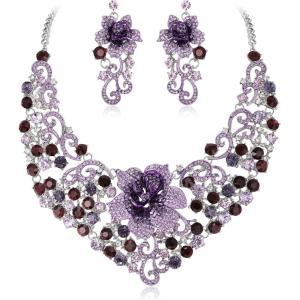 imageBriLove Shiny Bling Rhinestones Butterfly Statement Necklace Dangle Drop Earrings Jewelry Set for Women Summer Holiday Costume Prom AccessoriesPurple SilverTone