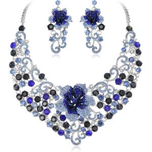 imageBriLove Shiny Bling Rhinestones Butterfly Statement Necklace Dangle Drop Earrings Jewelry Set for Women Summer Holiday Costume Prom AccessoriesSapphire Color SilverTone