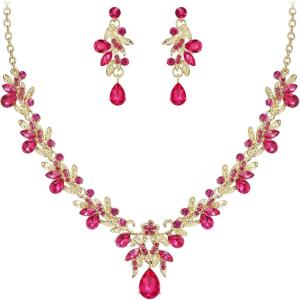 imageBriLove Womens Wedding Jewelery Set Leaf Flower Crystal Teardrop Marquise Cluster Pendant Necklace Dangle Earrings for Bridal PartyHot Pink GoldTone