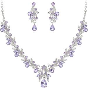 imageBriLove Womens Wedding Jewelery Set Leaf Flower Crystal Teardrop Marquise Cluster Pendant Necklace Dangle Earrings for Bridal PartyLight Purple SilverTone