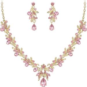 imageBriLove Womens Wedding Jewelery Set Leaf Flower Crystal Teardrop Marquise Cluster Pendant Necklace Dangle Earrings for Bridal PartyPink GoldTone
