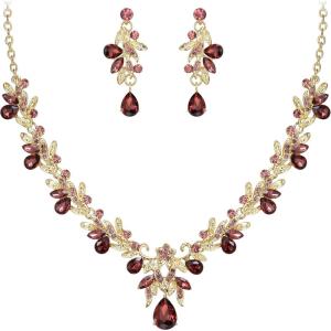 imageBriLove Womens Wedding Jewelery Set Leaf Flower Crystal Teardrop Marquise Cluster Pendant Necklace Dangle Earrings for Bridal PartyPurple GoldTone