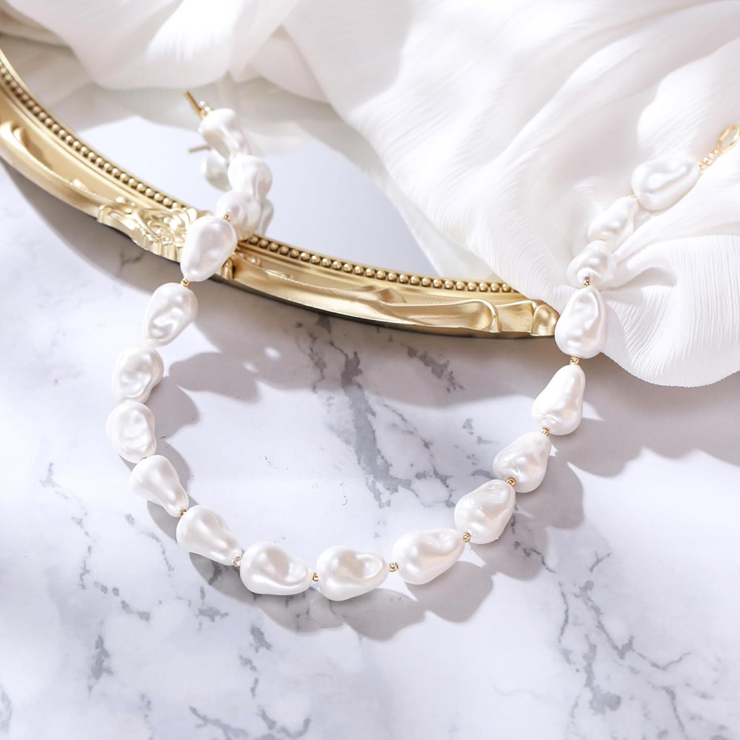 imageBriLove Baroque Simulated Pearls Necklace for Women Gorgeous Elegant Choker Strand Necklaces for Wedding Outfit Party Prom Gift Ivory Color GoldTone