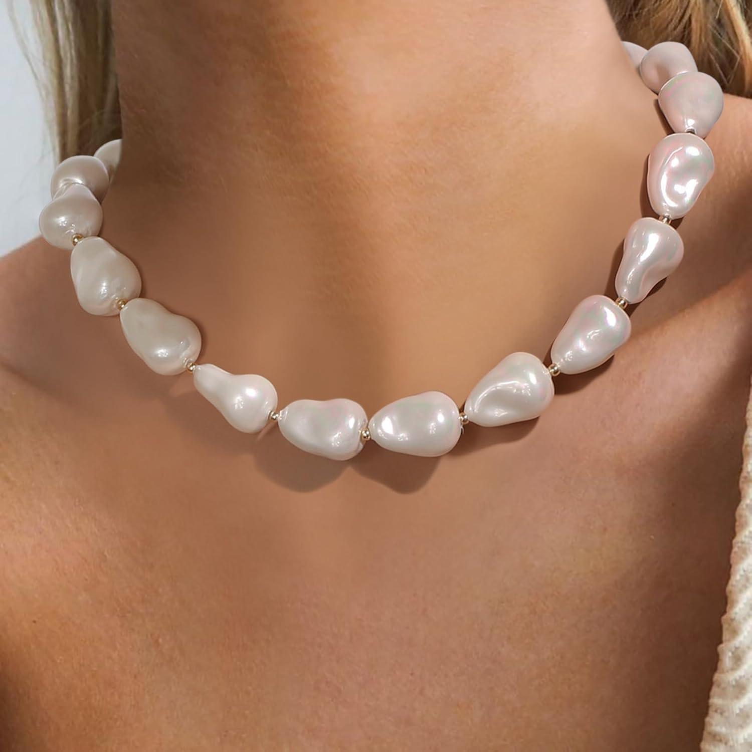 imageBriLove Baroque Simulated Pearls Necklace for Women Gorgeous Elegant Choker Strand Necklaces for Wedding Outfit Party Prom Gift Ivory Color GoldTone