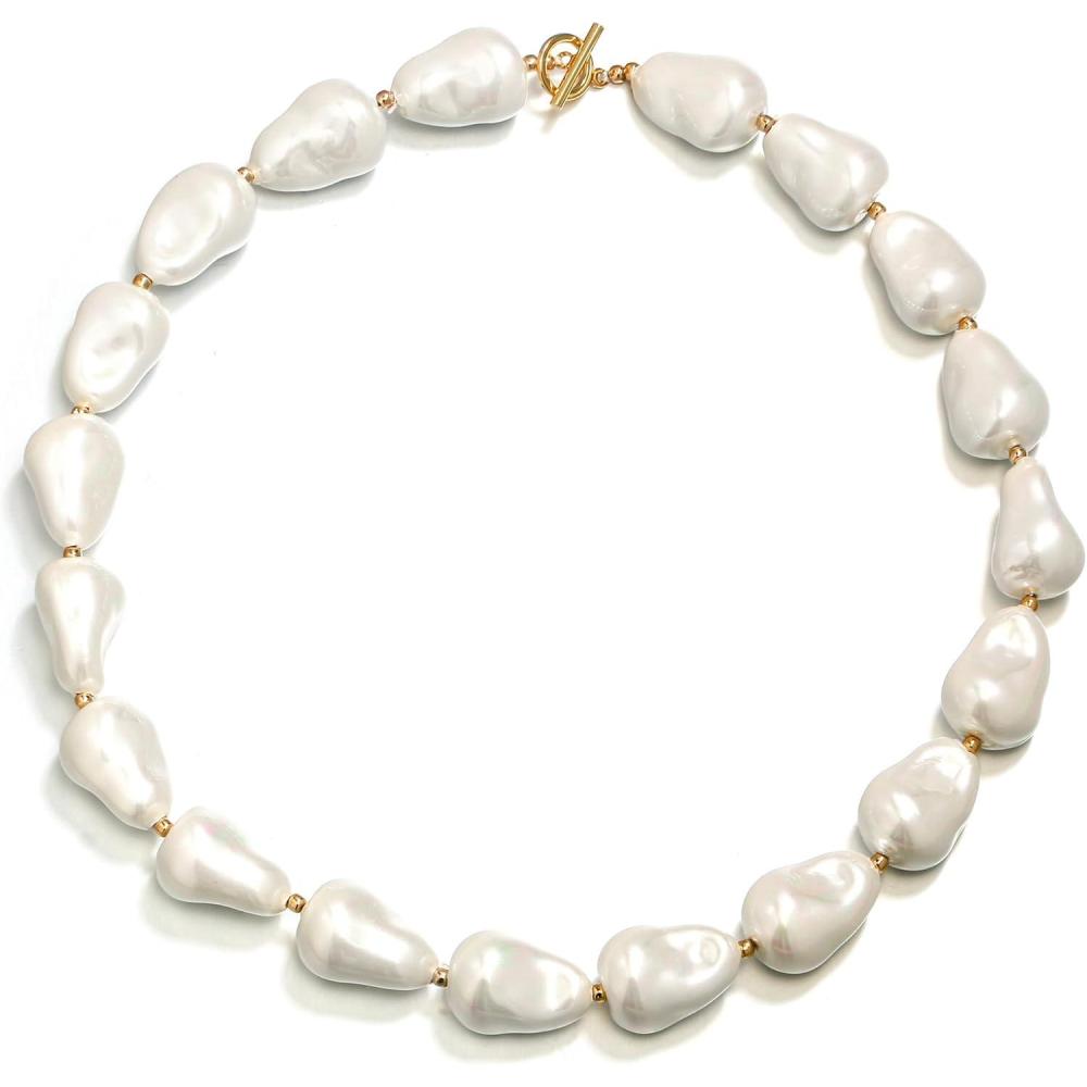 imageBriLove Baroque Simulated Pearls Necklace for Women Gorgeous Elegant Choker Strand Necklaces for Wedding Outfit Party Prom Gift Ivory Color GoldTone