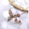 imageBriLove Gorgeous Jewelry Set for Women Stunning Crystal Rose Flower Leaf Cluster Statement Necklace Dangle Drop Clipon Earrings Set for Party Prom AccessoriesPink AntiqueGoldToned