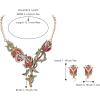 imageBriLove Gorgeous Jewelry Set for Women Stunning Crystal Rose Flower Leaf Cluster Statement Necklace Dangle Drop Clipon Earrings Set for Party Prom AccessoriesRed AntiqueGoldToned