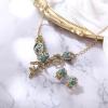 imageBriLove Gorgeous Jewelry Set for Women Stunning Crystal Rose Flower Leaf Cluster Statement Necklace Dangle Drop Clipon Earrings Set for Party Prom AccessoriesBlue AntiqueGoldToned