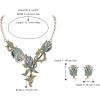 imageBriLove Gorgeous Jewelry Set for Women Stunning Crystal Rose Flower Leaf Cluster Statement Necklace Dangle Drop Clipon Earrings Set for Party Prom AccessoriesBlue AntiqueGoldToned
