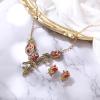 imageBriLove Gorgeous Jewelry Set for Women Stunning Crystal Rose Flower Leaf Cluster Statement Necklace Dangle Drop Clipon Earrings Set for Party Prom AccessoriesRed AntiqueGoldToned