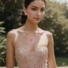 imageBriLove Gorgeous Stunning Rhinestone Crystal Marquise Rose Flower Cluster Statement Necklace Stud Earrings Set for Wedding Party Prom AccessoriesPink GoldTone