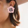 imageBriLove Stud Floral Earrings for Women Stunning Gorgeous Rhinestone Emerald Cut Enamel Flower Shaped Ear Studs for Summer Seaside Idyllic Holiday Accessory06Pink SilverTone