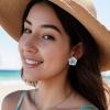 imageBriLove Stud Floral Earrings for Women Stunning Gorgeous Rhinestone Emerald Cut Enamel Flower Shaped Ear Studs for Summer Seaside Idyllic Holiday Accessory01Blue GoldTone