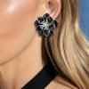 imageBriLove Stud Floral Earrings for Women Stunning Gorgeous Rhinestone Emerald Cut Enamel Flower Shaped Ear Studs for Summer Seaside Idyllic Holiday Accessory05Black SilverTone
