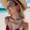 imageBriLove Stud Floral Earrings for Women Stunning Gorgeous Rhinestone Emerald Cut Enamel Flower Shaped Ear Studs for Summer Seaside Idyllic Holiday Accessory08Ruby Color SilverTone