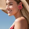 imageBriLove Stud Floral Earrings for Women Stunning Gorgeous Rhinestone Emerald Cut Enamel Flower Shaped Ear Studs for Summer Seaside Idyllic Holiday Accessory08Ruby Color SilverTone