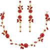 imageBriLove Flower Jewelry Set for WomenGorgeous Stunning Crystal Elegant Flowers Marquise Cluster Statement Necklace Long Dangle Drop Earrings Party Prom AccessoriesRuby Color GoldTone