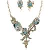 imageBriLove Gorgeous Jewelry Set for Women Stunning Crystal Rose Flower Leaf Cluster Statement Necklace Dangle Drop Clipon Earrings Set for Party Prom AccessoriesBlue AntiqueGoldToned