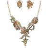 imageBriLove Gorgeous Jewelry Set for Women Stunning Crystal Rose Flower Leaf Cluster Statement Necklace Dangle Drop Clipon Earrings Set for Party Prom AccessoriesBrown AntiqueGoldToned