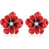imageBriLove Stud Floral Earrings for Women Stunning Gorgeous Rhinestone Emerald Cut Enamel Flower Shaped Ear Studs for Summer Seaside Idyllic Holiday Accessory08Ruby Color SilverTone