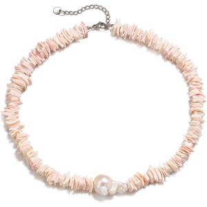 imageBriLove Baroque Freshwater Cultured Pearl Puka Shell Ocean Chains Choker Necklace for Women Beach Summer Trendy Seaside JewelryPink