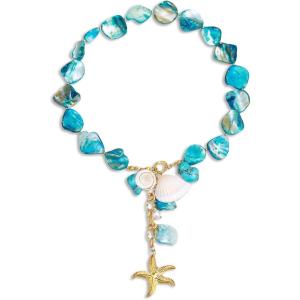 imageBriLove Boho Freshwater Cultured Pearl Shell Starfish Irregular Turquoise Strand Choker Pendant Necklace for Women Beach Summer Trendy JewelryBlue