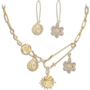 imageBriLove Charm Necklace Earrings Set for WomenHandmade Paperclip Evil Eye Anchor Flower Gold Pendant for Outfit Summer Beach AccessoriesClear GoldTone