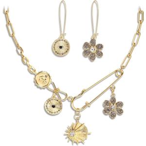 imageBriLove Charm Necklace Earrings Set for WomenHandmade Paperclip Evil Eye Anchor Flower Gold Pendant for Outfit Summer Beach AccessoriesGrey GoldTone