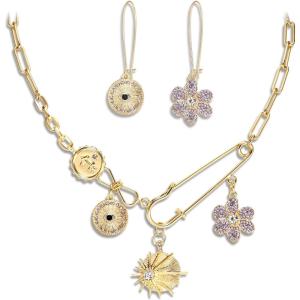 imageBriLove Charm Necklace Earrings Set for WomenHandmade Paperclip Evil Eye Anchor Flower Gold Pendant for Outfit Summer Beach AccessoriesLight Purple GoldTone