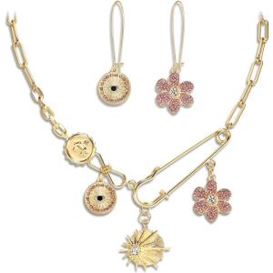 imageBriLove Charm Necklace Earrings Set for WomenHandmade Paperclip Evil Eye Anchor Flower Gold Pendant for Outfit Summer Beach AccessoriesPink GoldTone