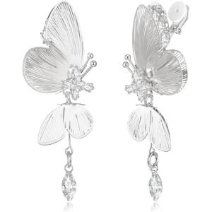 imageBriLove Elegant Shiny Cubic Zirconia Butterfly Clipon Dangle Earrings for Wedding Party Prom Daily Wear Trendy Jewelry AccessoryClear SilverTone