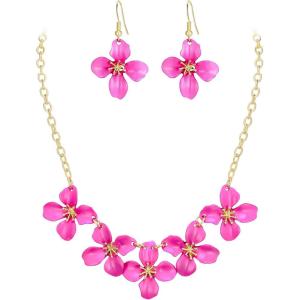 imageBriLove Flower Collar Necklace Shiny Floral Summer Beach Statement Bib Necklaces Hook Earrings for Women Costume Prom JewelryHot Pink GoldTone