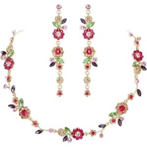 imageBriLove Flower Jewelry Set for WomenGorgeous Stunning Crystal Elegant Flowers Marquise Cluster Statement Necklace Long Dangle Drop Earrings Party Prom AccessoriesMulticolor GoldTone