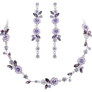 imageBriLove Flower Jewelry Set for WomenGorgeous Stunning Crystal Elegant Flowers Marquise Cluster Statement Necklace Long Dangle Drop Earrings Party Prom AccessoriesPurple SilverTone
