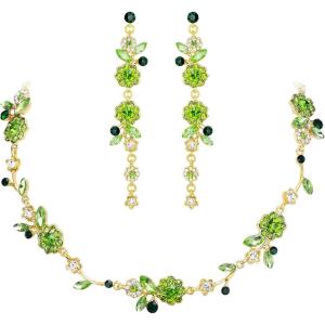 imageBriLove Flower Jewelry Set for WomenGorgeous Stunning Crystal Elegant Flowers Marquise Cluster Statement Necklace Long Dangle Drop Earrings Party Prom AccessoriesEmerald Color GoldTone