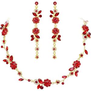 imageBriLove Flower Jewelry Set for WomenGorgeous Stunning Crystal Elegant Flowers Marquise Cluster Statement Necklace Long Dangle Drop Earrings Party Prom AccessoriesRuby Color GoldTone