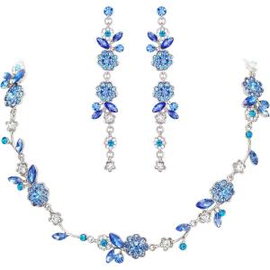 imageBriLove Flower Jewelry Set for WomenGorgeous Stunning Crystal Elegant Flowers Marquise Cluster Statement Necklace Long Dangle Drop Earrings Party Prom AccessoriesRoyal Blue SilverTone
