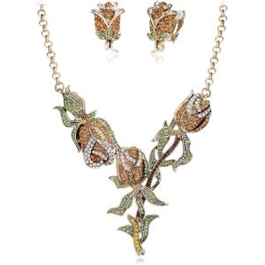 imageBriLove Gorgeous Jewelry Set for Women Stunning Crystal Rose Flower Leaf Cluster Statement Necklace Dangle Drop Clipon Earrings Set for Party Prom AccessoriesBrown AntiqueGoldToned