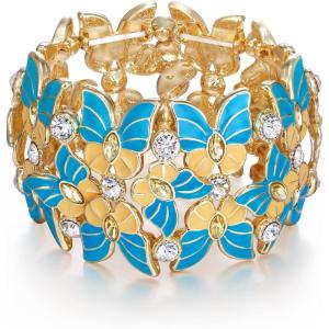 imageBriLove Gorgeous Shiny Enamel Butterfly Crystal Marqiuse Stretch Bangle Bracelet for Women Bridal Wedding Party Prom Jewelry AccessoriesBlue GoldTone