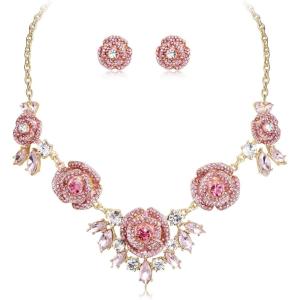 imageBriLove Gorgeous Stunning Rhinestone Crystal Marquise Rose Flower Cluster Statement Necklace Stud Earrings Set for Wedding Party Prom AccessoriesPink GoldTone