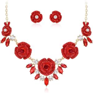 imageBriLove Gorgeous Stunning Rhinestone Crystal Marquise Rose Flower Cluster Statement Necklace Stud Earrings Set for Wedding Party Prom AccessoriesRuby Color GoldTone