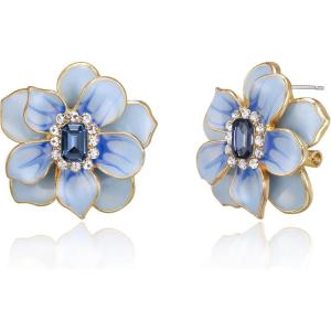 imageBriLove Stud Floral Earrings for Women Stunning Gorgeous Rhinestone Emerald Cut Enamel Flower Shaped Ear Studs for Summer Seaside Idyllic Holiday Accessory01Blue GoldTone
