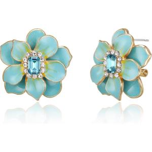 imageBriLove Stud Floral Earrings for Women Stunning Gorgeous Rhinestone Emerald Cut Enamel Flower Shaped Ear Studs for Summer Seaside Idyllic Holiday Accessory02Green GoldTone