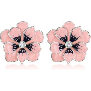 imageBriLove Stud Floral Earrings for Women Stunning Gorgeous Rhinestone Emerald Cut Enamel Flower Shaped Ear Studs for Summer Seaside Idyllic Holiday Accessory06Pink SilverTone