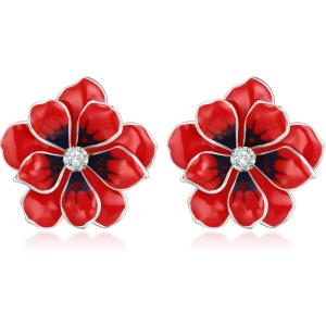 imageBriLove Stud Floral Earrings for Women Stunning Gorgeous Rhinestone Emerald Cut Enamel Flower Shaped Ear Studs for Summer Seaside Idyllic Holiday Accessory08Ruby Color SilverTone
