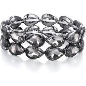 imageBriLove Wedding Bridal Elegant Crystal Double Row Teardrop Cluster Stretch Bangle Bracelet for Bride Grey BlackTone